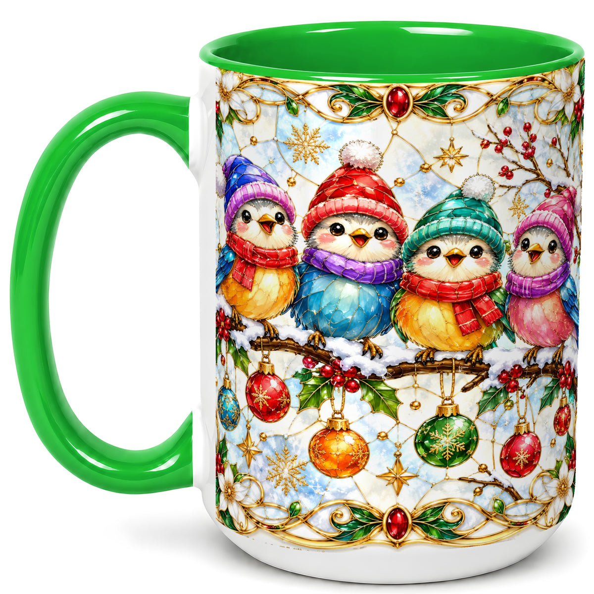 #pl[15oz|Green] Christmas Birds Coffee Mug, Winter Songbird Mug, Ceramic Cup