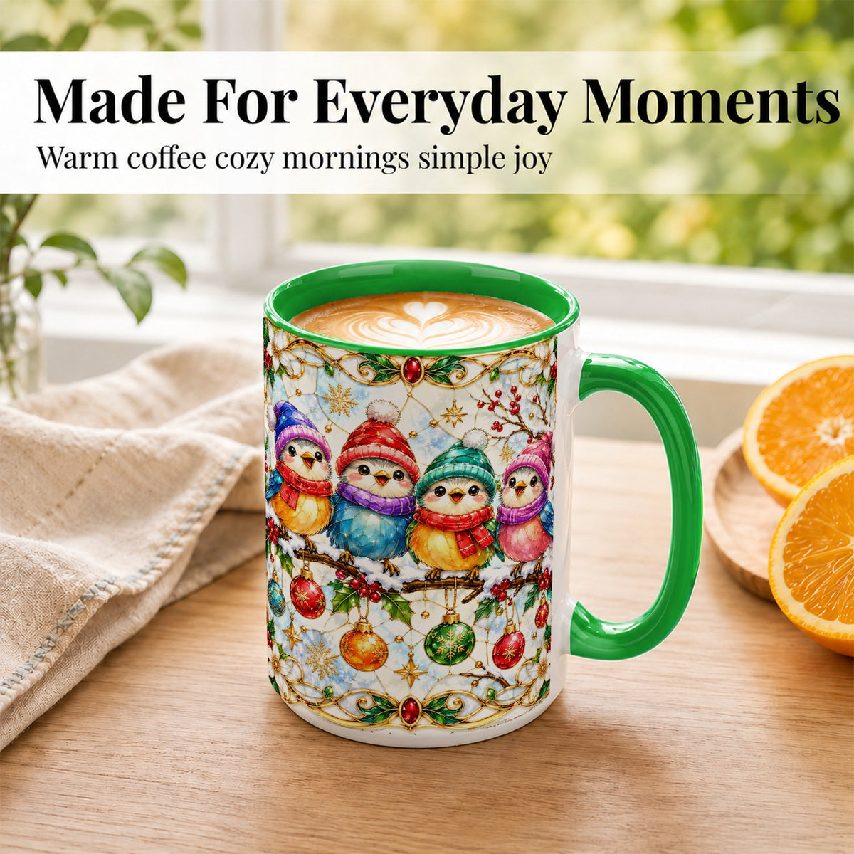 #pl[15oz|Green] Christmas Birds Coffee Mug, Winter Songbird Mug, Ceramic Cup