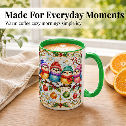 #pl[15oz|Green] Christmas Birds Coffee Mug, Winter Songbird Mug, Ceramic Cup
