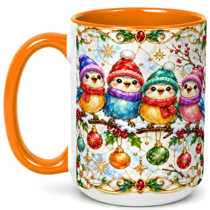 #pl[15oz|Orange] Christmas Birds Coffee Mug, Winter Songbird Mug, Ceramic Cup