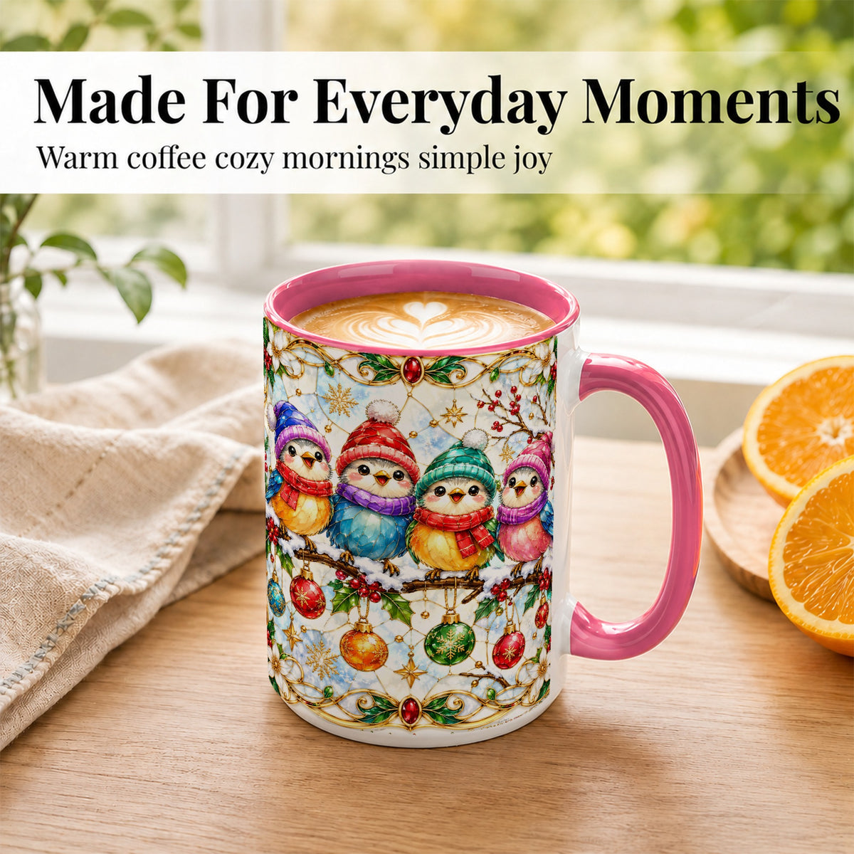 #pl[15oz|Pink] Christmas Birds Coffee Mug, Winter Songbird Mug, Ceramic Cup