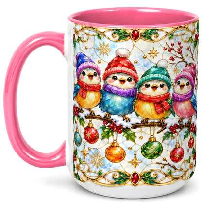#pl[15oz|Pink] Christmas Birds Coffee Mug, Winter Songbird Mug, Ceramic Cup