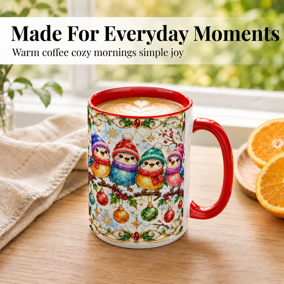 #pl[15oz|Red] Christmas Birds Coffee Mug, Winter Songbird Mug, Ceramic Cup