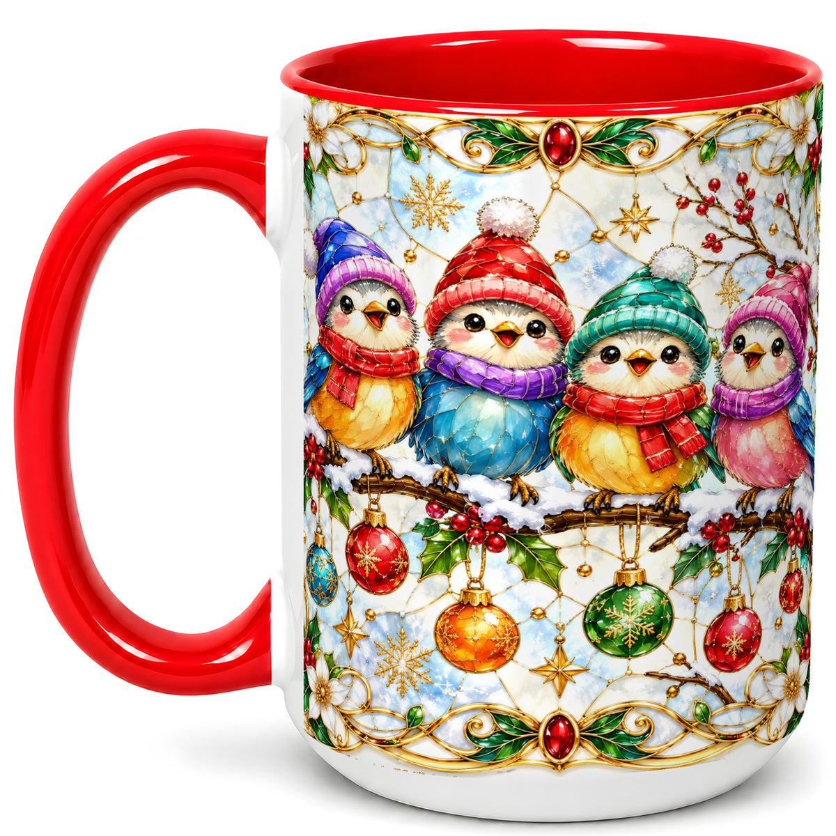 #pl[15oz|Red] Christmas Birds Coffee Mug, Winter Songbird Mug, Ceramic Cup