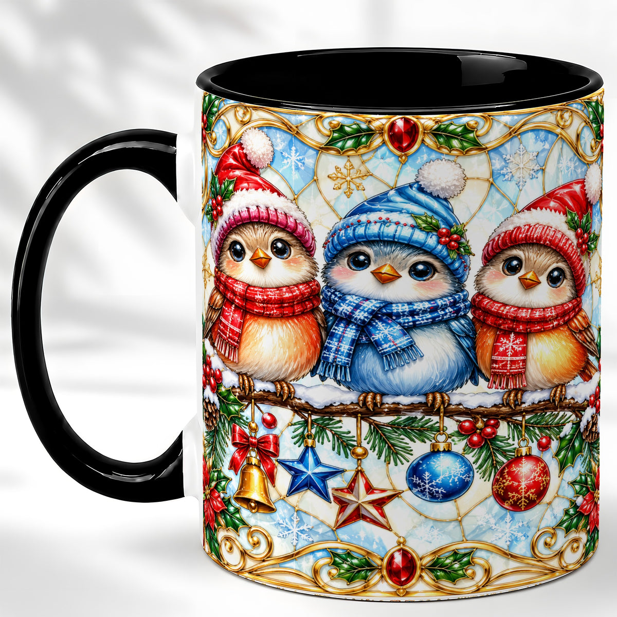 #pl[11oz|Black] Christmas Owl Coffee Mug, Winter Bird Mug, Ceramic Cup