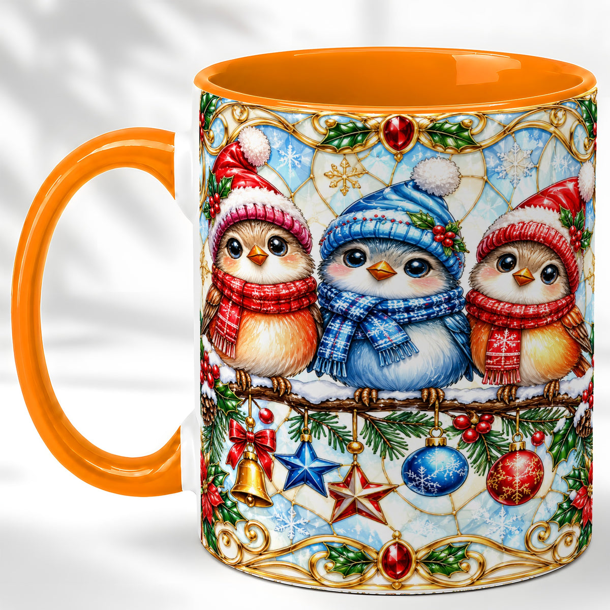 #pl[11oz|Orange] Christmas Owl Coffee Mug, Winter Bird Mug, Ceramic Cup