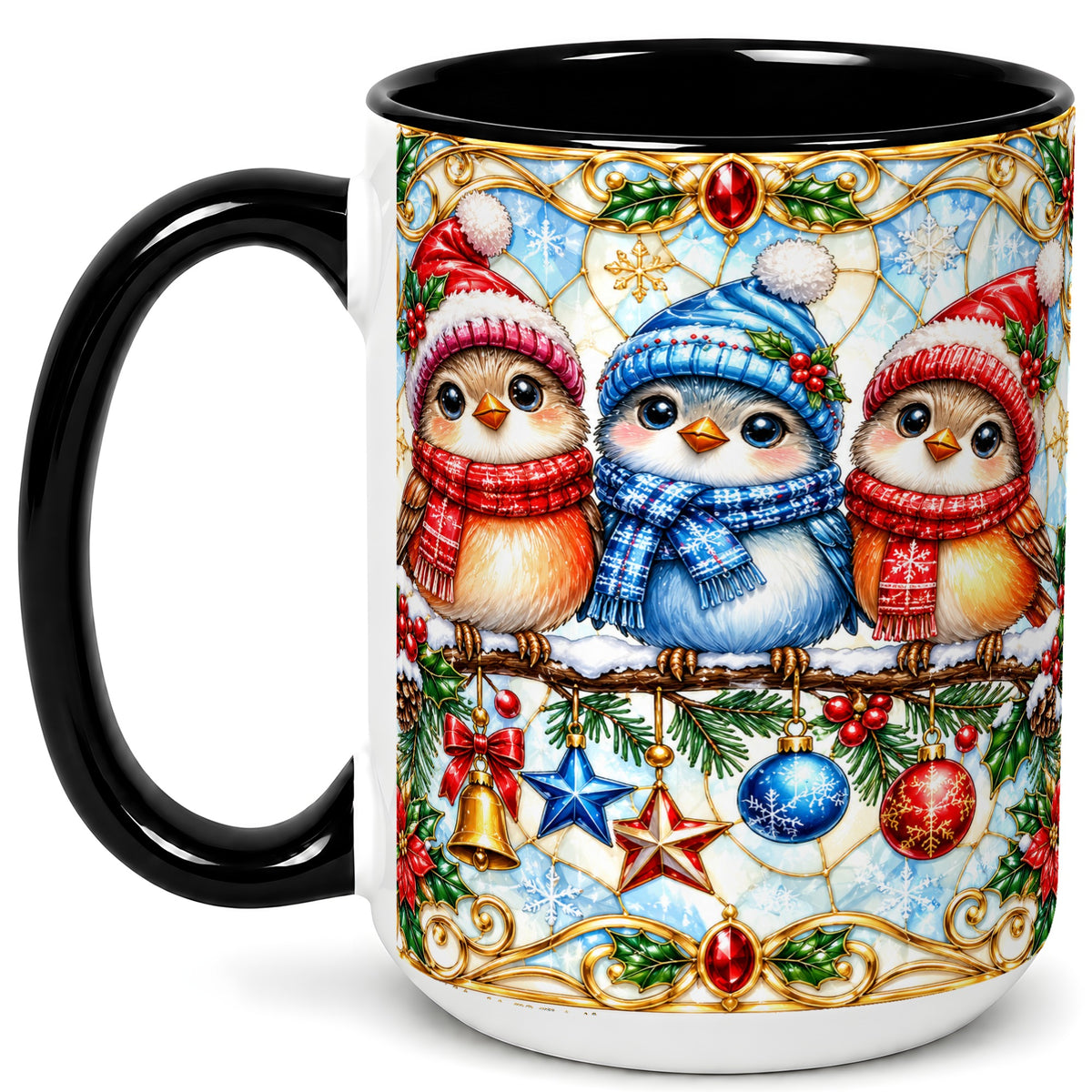 #pl[15oz|Black] Christmas Owl Coffee Mug, Winter Bird Mug, Ceramic Cup