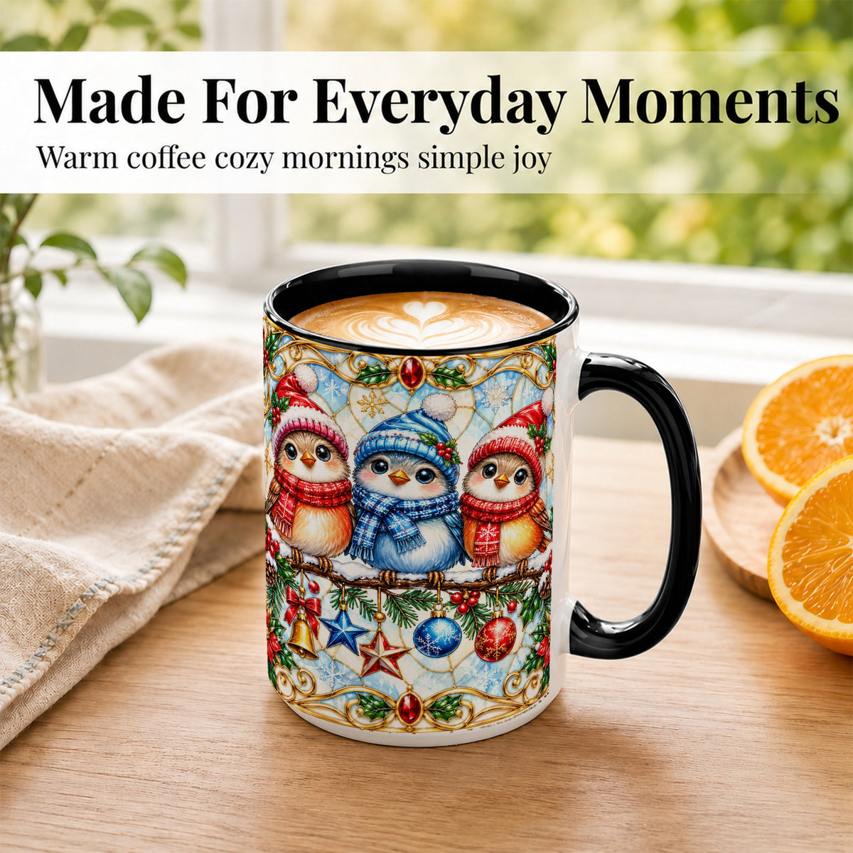 #pl[15oz|Black] Christmas Owl Coffee Mug, Winter Bird Mug, Ceramic Cup