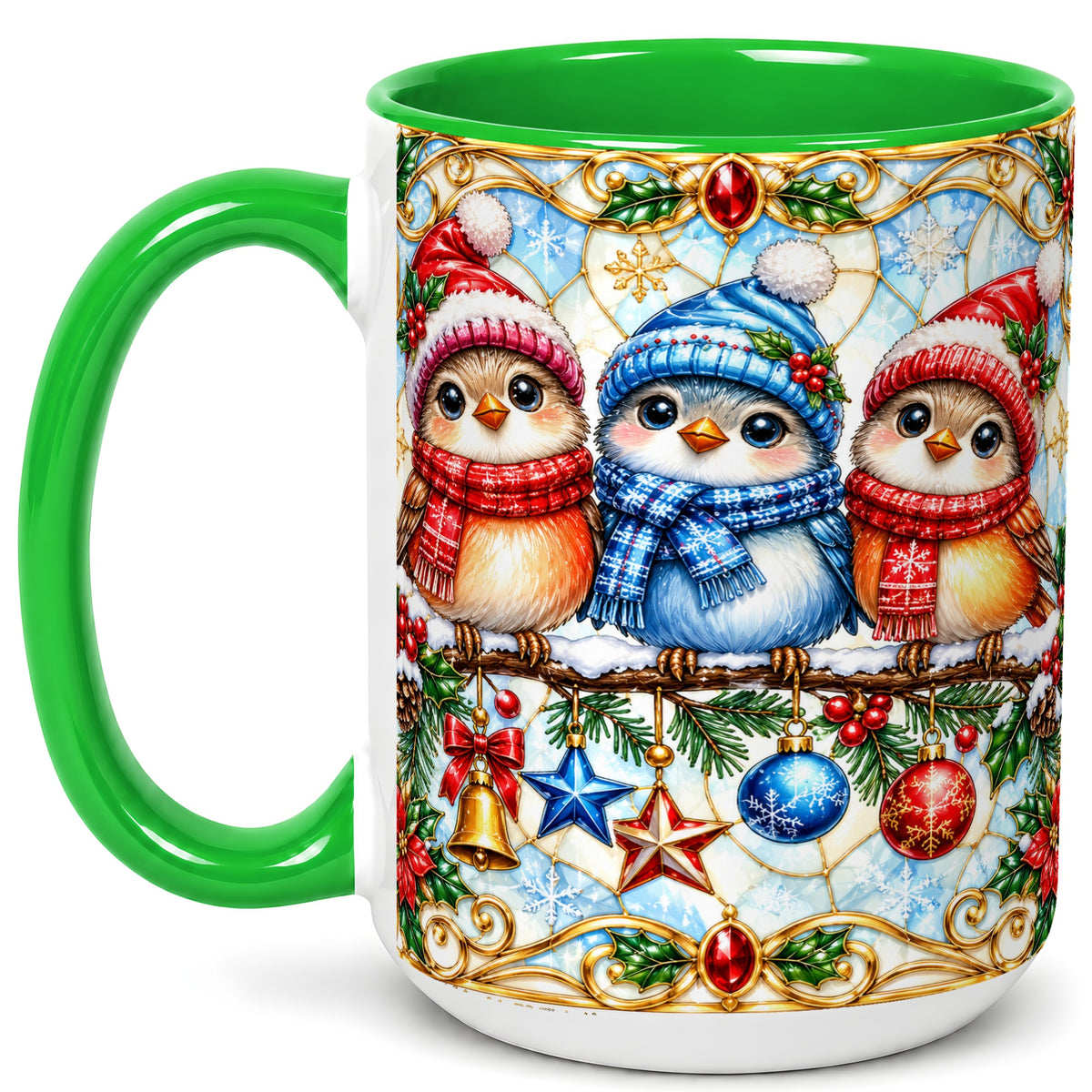 #pl[15oz|Green] Christmas Owl Coffee Mug, Winter Bird Mug, Ceramic Cup