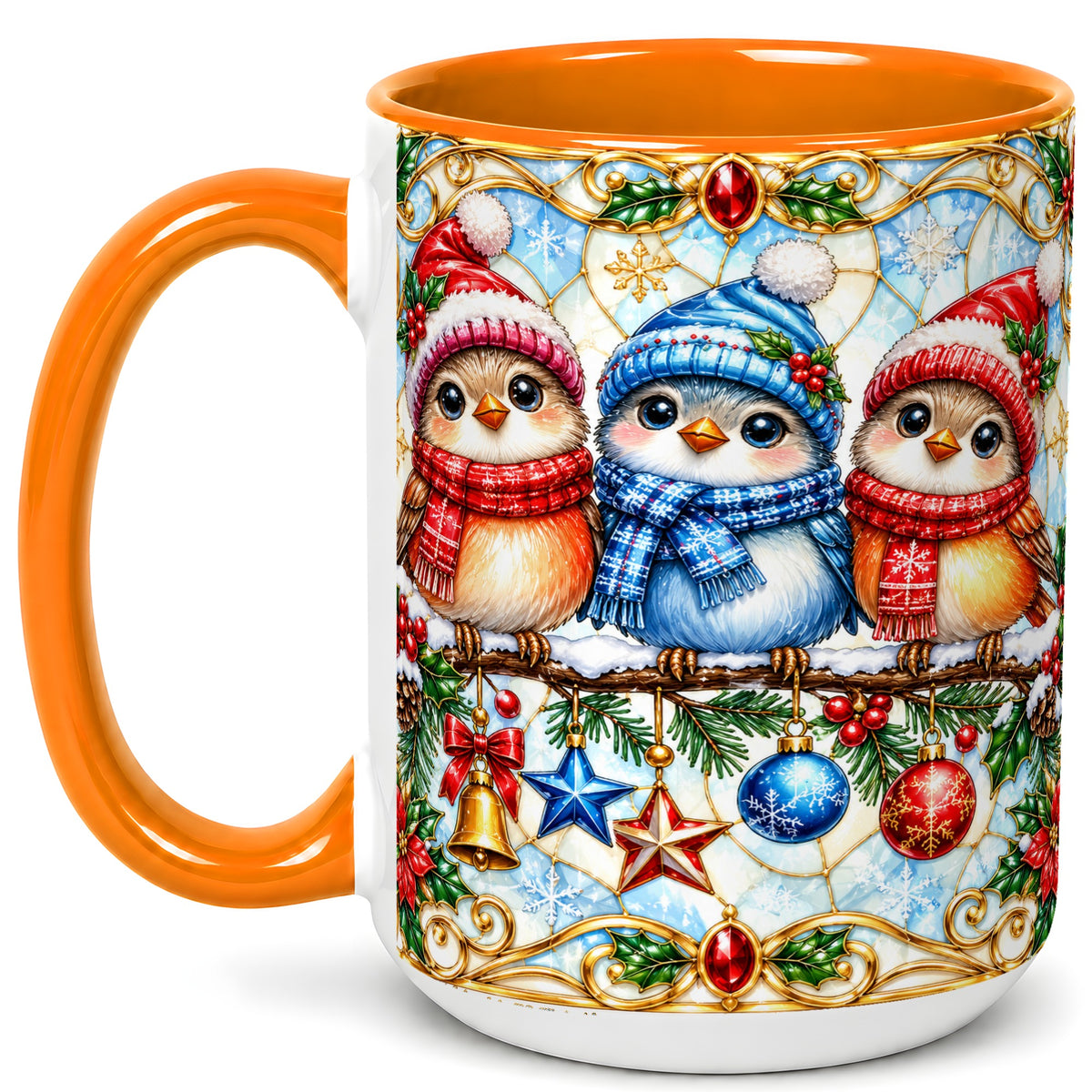 #pl[15oz|Orange] Christmas Owl Coffee Mug, Winter Bird Mug, Ceramic Cup
