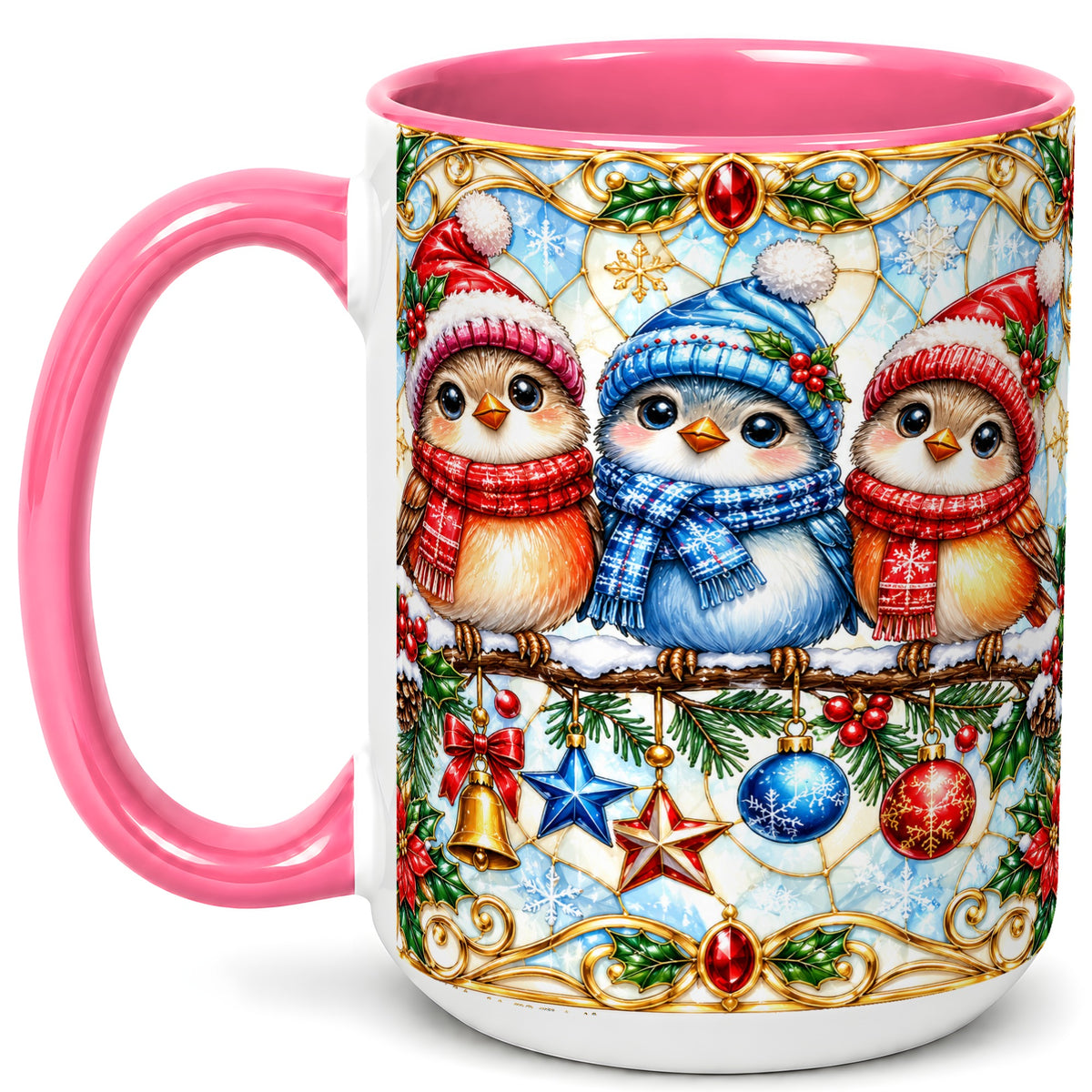 #pl[15oz|Pink] Christmas Owl Coffee Mug, Winter Bird Mug, Ceramic Cup