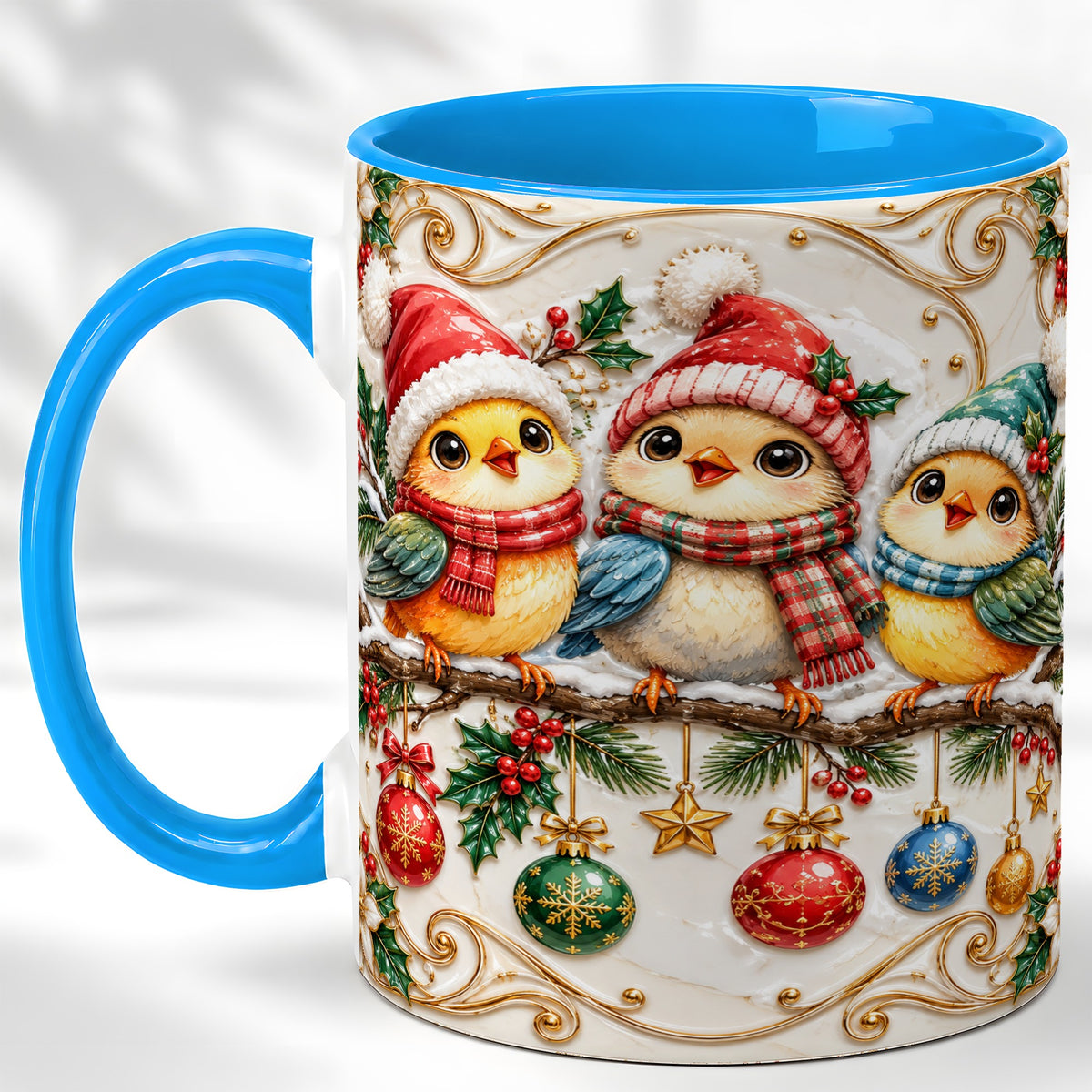#pl[11oz|Blue] Christmas Chick Coffee Mug, Winter Bird Mug, Ceramic Cup