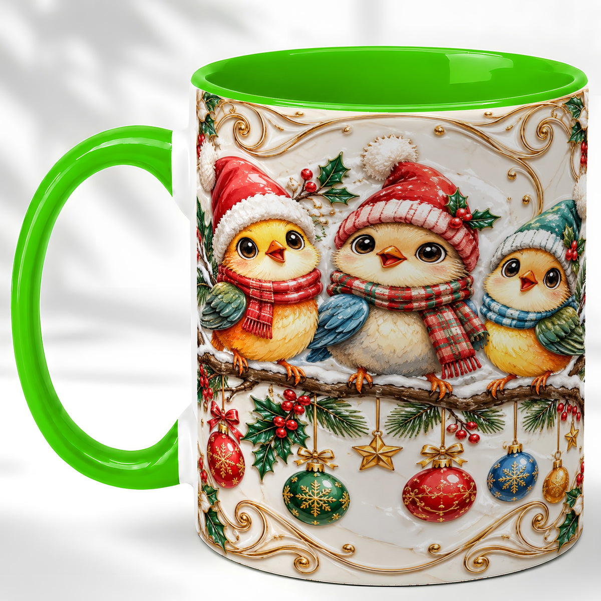 #pl[11oz|Green] Christmas Chick Coffee Mug, Winter Bird Mug, Ceramic Cup