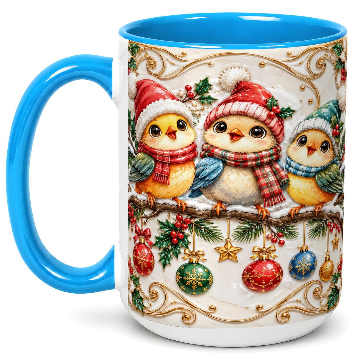 #pl[15oz|Blue] Christmas Chick Coffee Mug, Winter Bird Mug, Ceramic Cup