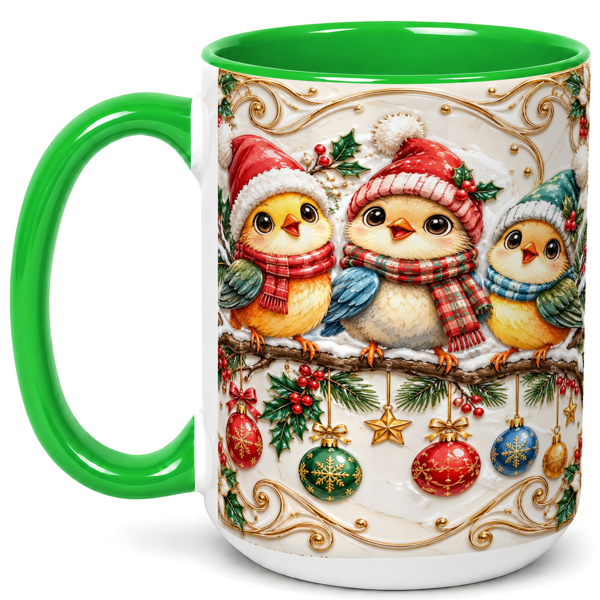 #pl[15oz|Green] Christmas Chick Coffee Mug, Winter Bird Mug, Ceramic Cup