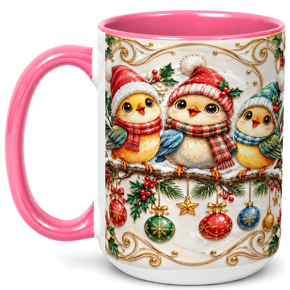 #pl[15oz|Pink] Christmas Chick Coffee Mug, Winter Bird Mug, Ceramic Cup