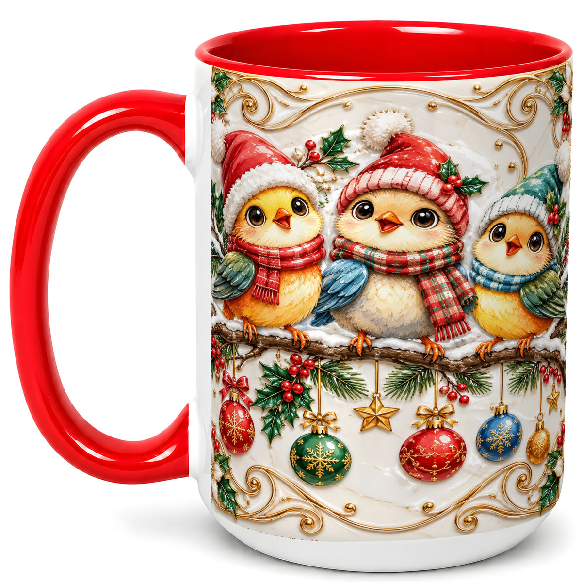 #pl[15oz|Red] Christmas Chick Coffee Mug, Winter Bird Mug, Ceramic Cup