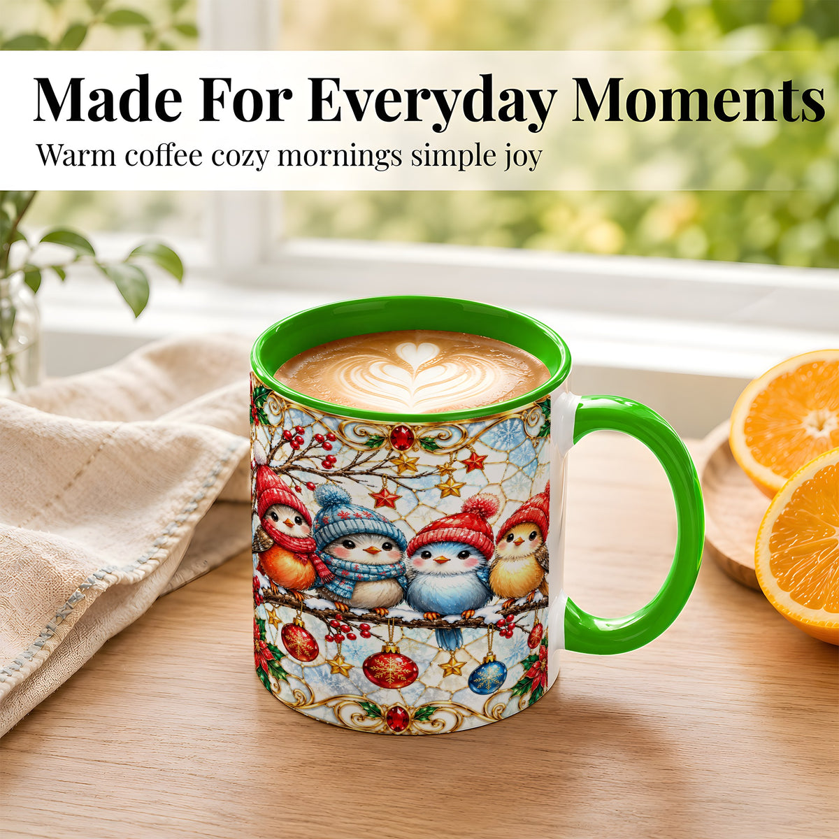 #pl[11oz|Green] Christmas Bird Coffee Mug, Winter Songbird Mug, Ceramic Cup