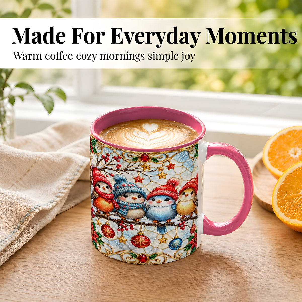 #pl[11oz|Pink] Christmas Bird Coffee Mug, Winter Songbird Mug, Ceramic Cup