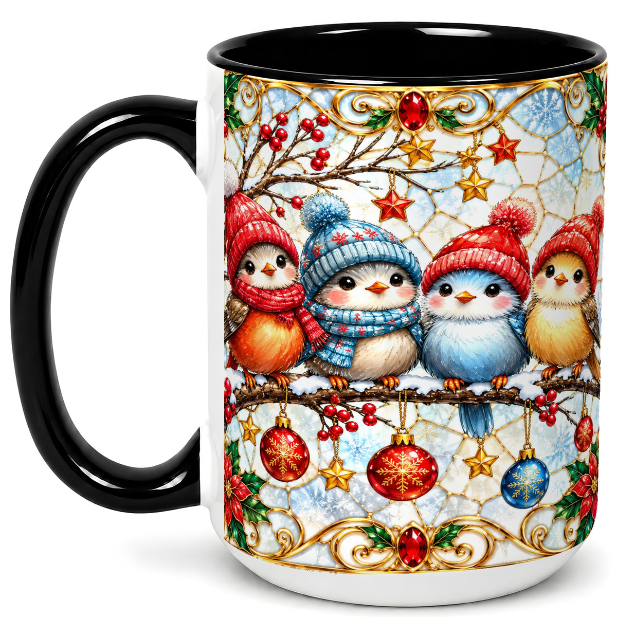 #pl[15oz|Black] Christmas Bird Coffee Mug, Winter Songbird Mug, Ceramic Cup