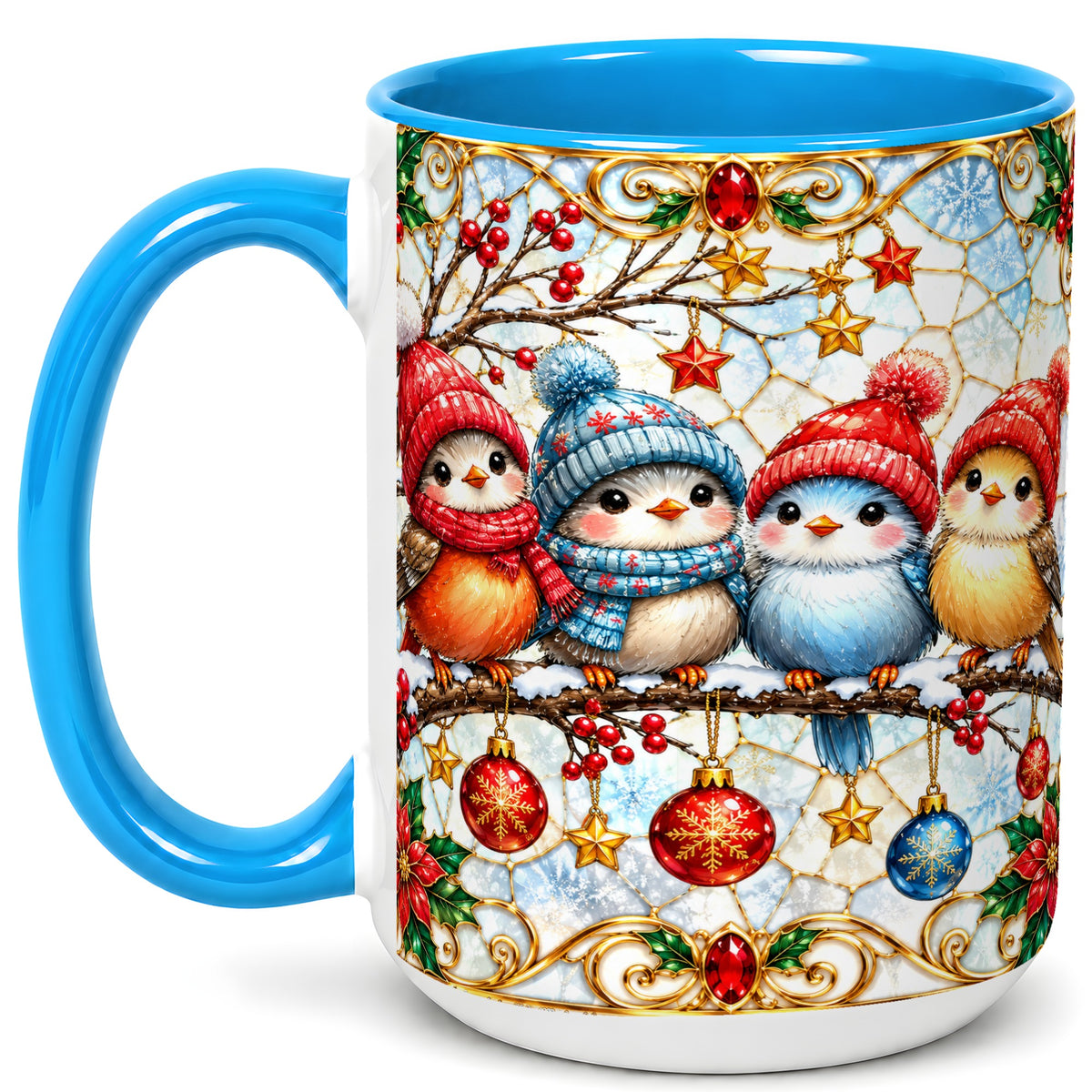 #pl[15oz|Blue] Christmas Bird Coffee Mug, Winter Songbird Mug, Ceramic Cup