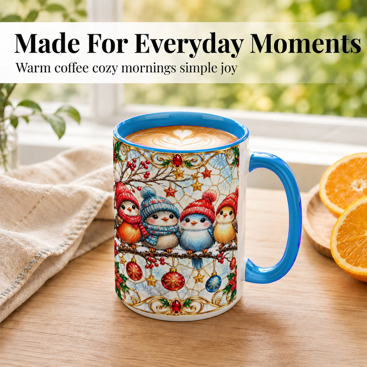 #pl[15oz|Blue] Christmas Bird Coffee Mug, Winter Songbird Mug, Ceramic Cup