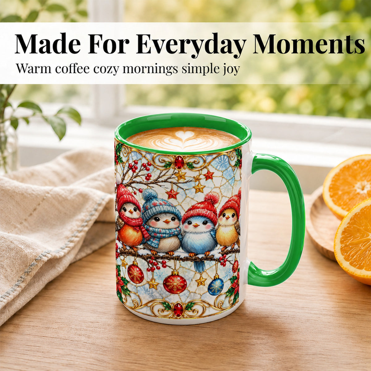#pl[15oz|Green] Christmas Bird Coffee Mug, Winter Songbird Mug, Ceramic Cup