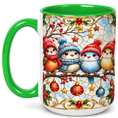 #pl[15oz|Green] Christmas Bird Coffee Mug, Winter Songbird Mug, Ceramic Cup