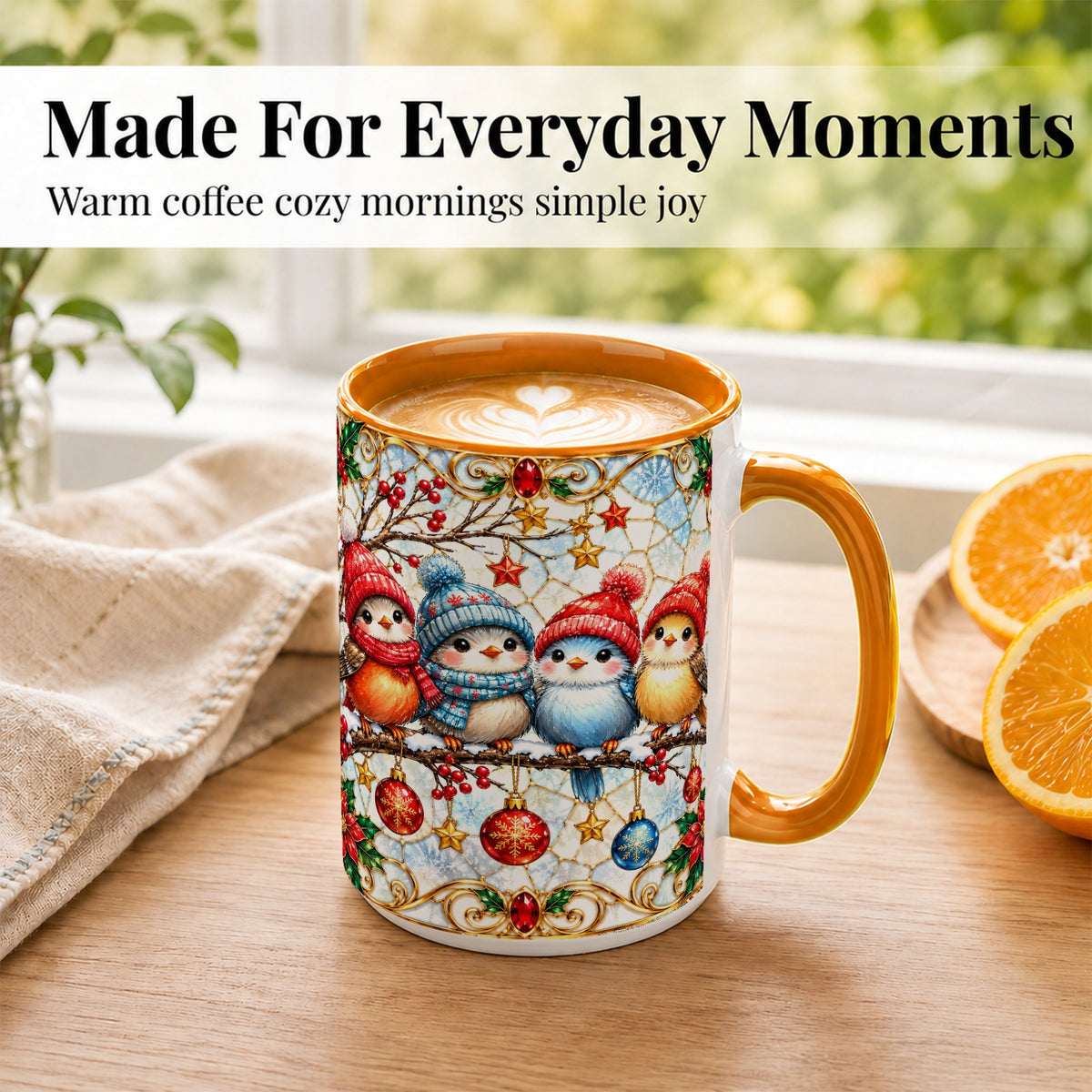 #pl[15oz|Orange] Christmas Bird Coffee Mug, Winter Songbird Mug, Ceramic Cup