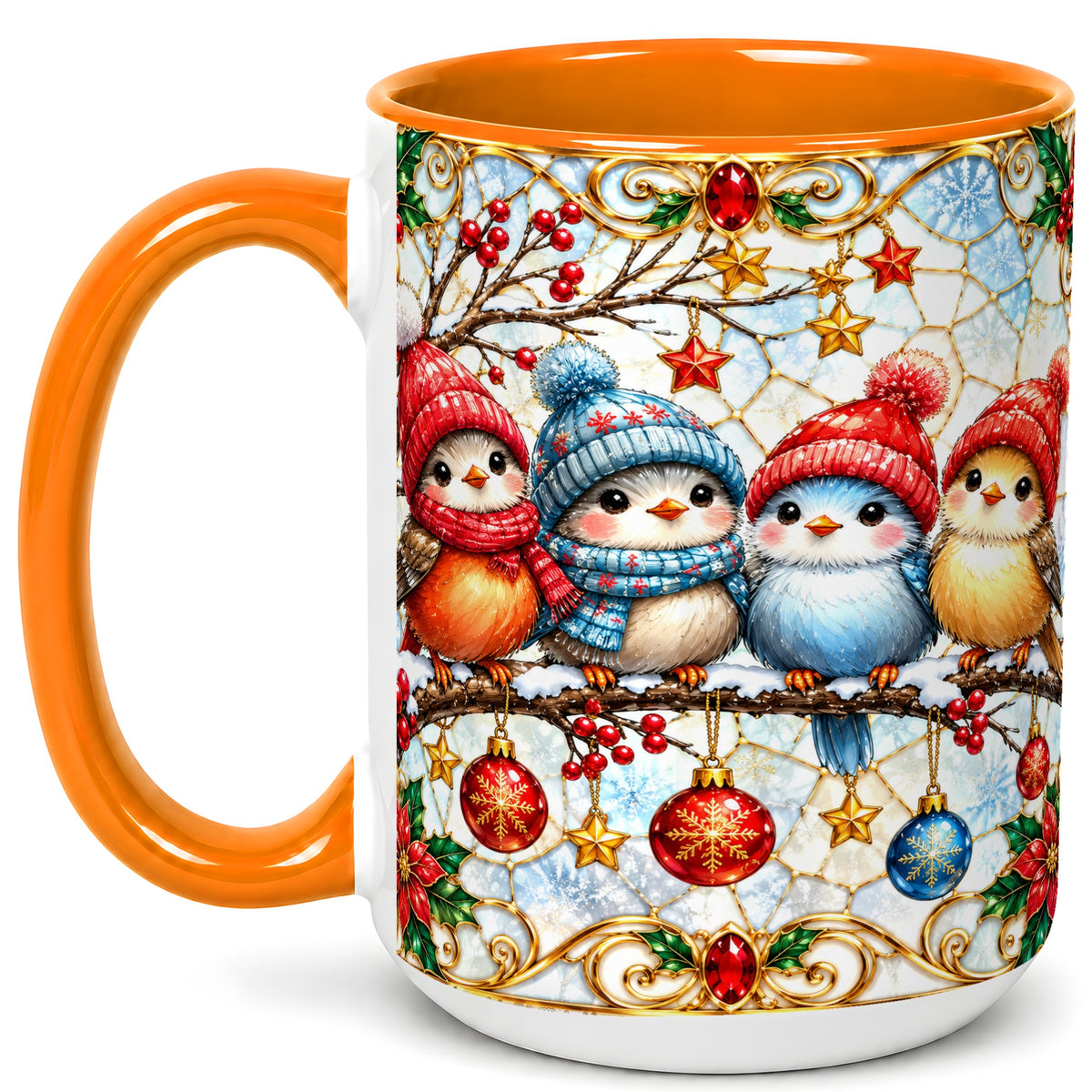 #pl[15oz|Orange] Christmas Bird Coffee Mug, Winter Songbird Mug, Ceramic Cup