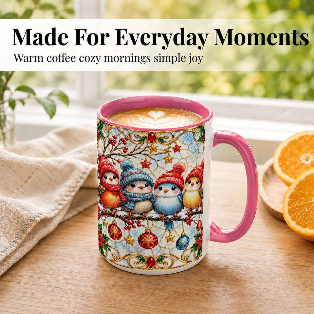 #pl[15oz|Pink] Christmas Bird Coffee Mug, Winter Songbird Mug, Ceramic Cup