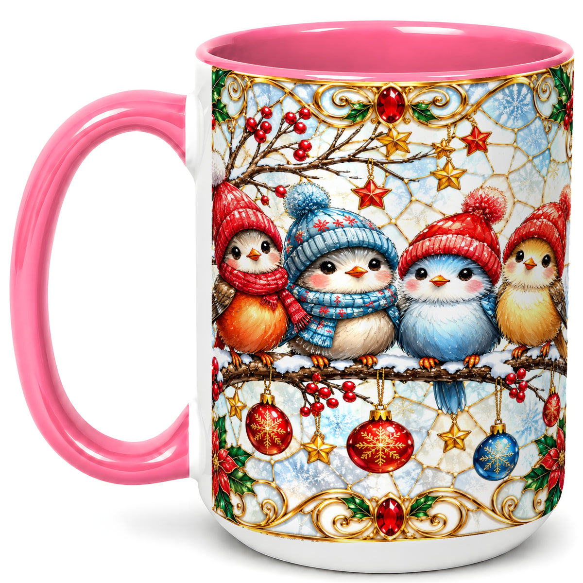 #pl[15oz|Pink] Christmas Bird Coffee Mug, Winter Songbird Mug, Ceramic Cup