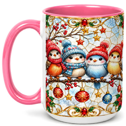 #pl[15oz|Pink] Christmas Bird Coffee Mug, Winter Songbird Mug, Ceramic Cup