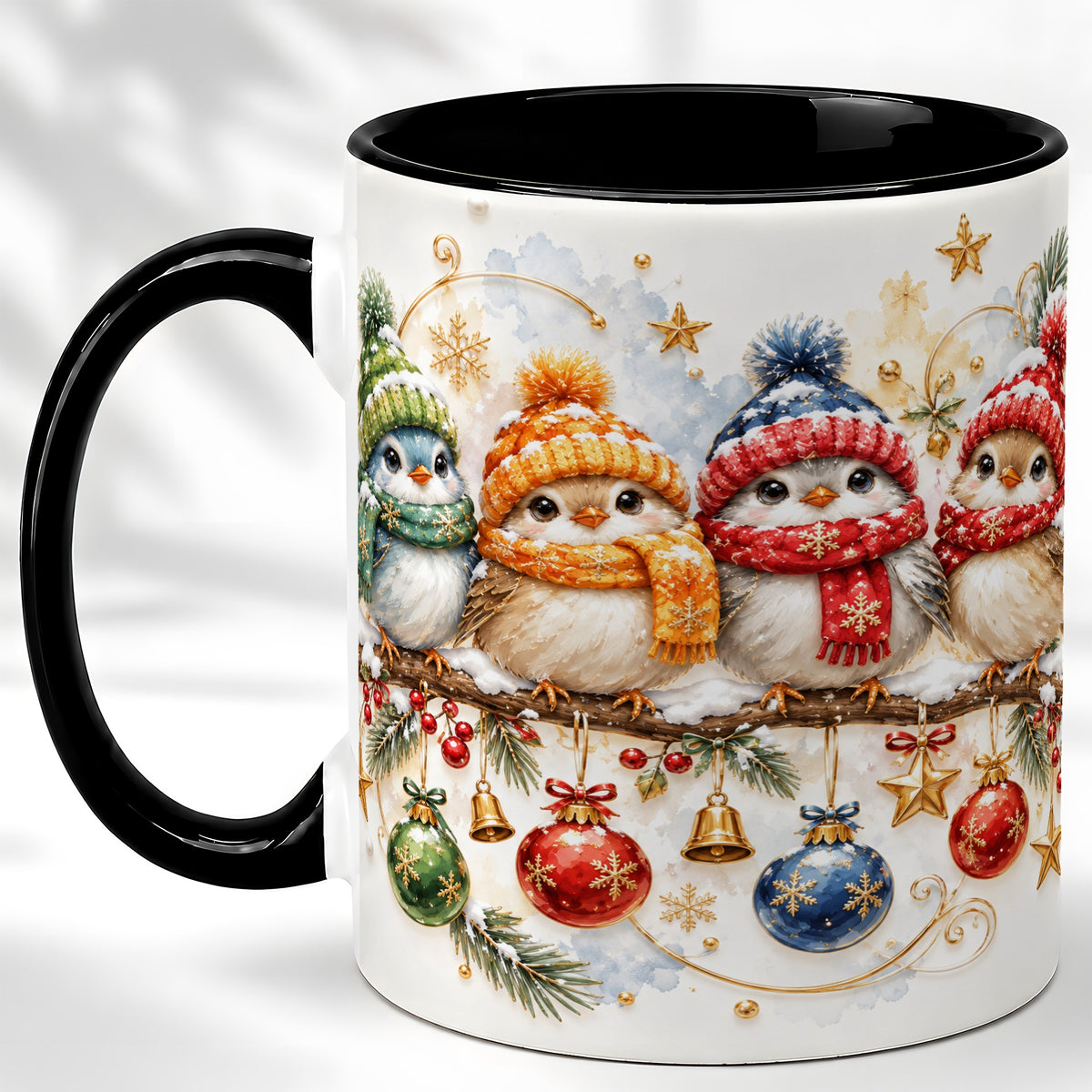#pl[11oz|Black] Winter Bird Coffee Mug, Cozy Songbird Mug, Ceramic Cup