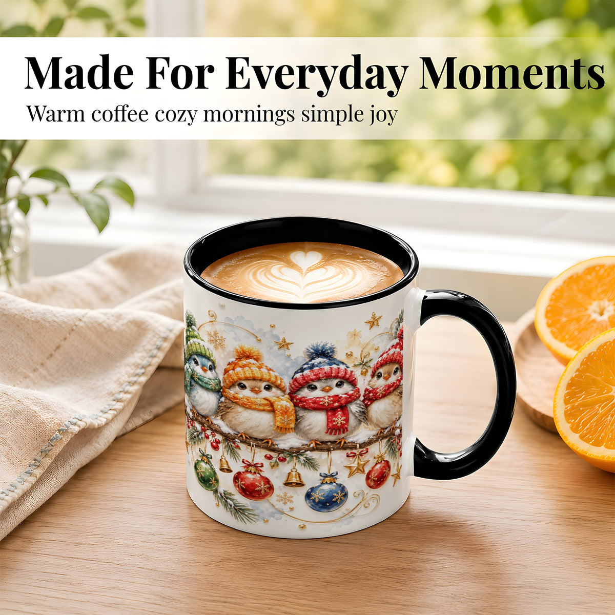 #pl[11oz|Black] Winter Bird Coffee Mug, Cozy Songbird Mug, Ceramic Cup