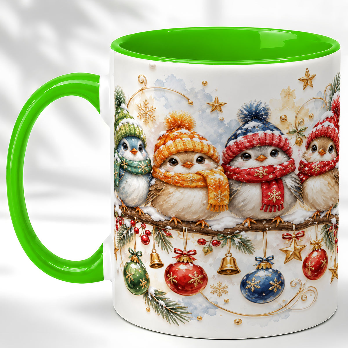 #pl[11oz|Green] Winter Bird Coffee Mug, Cozy Songbird Mug, Ceramic Cup