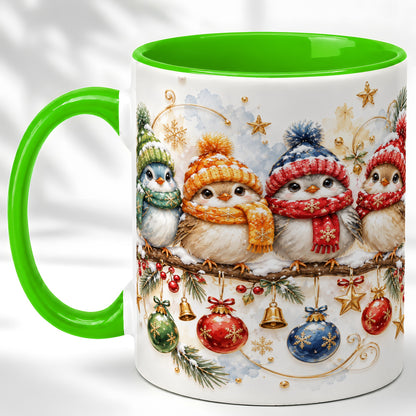#pl[11oz|Green] Winter Bird Coffee Mug, Cozy Songbird Mug, Ceramic Cup