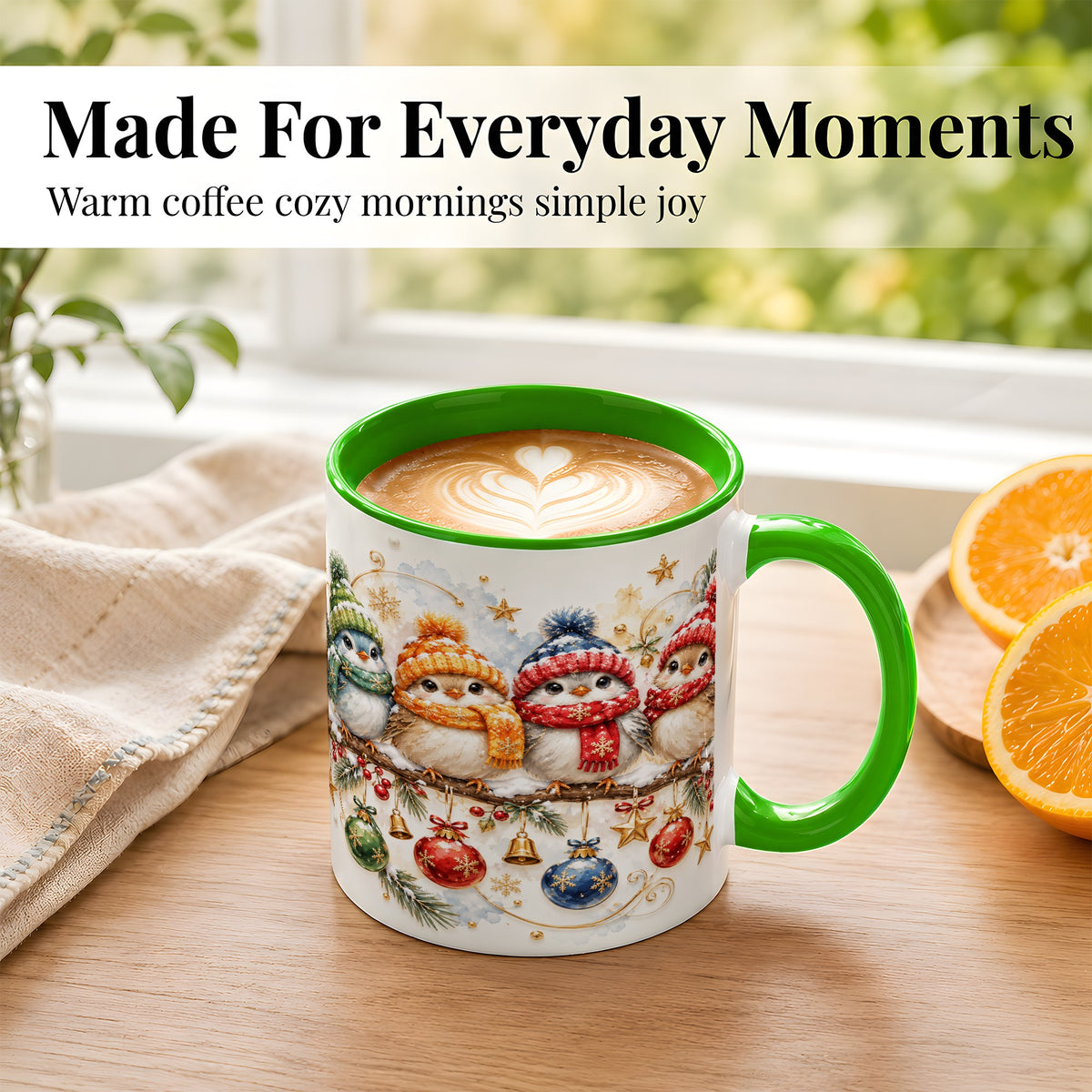 #pl[11oz|Green] Winter Bird Coffee Mug, Cozy Songbird Mug, Ceramic Cup