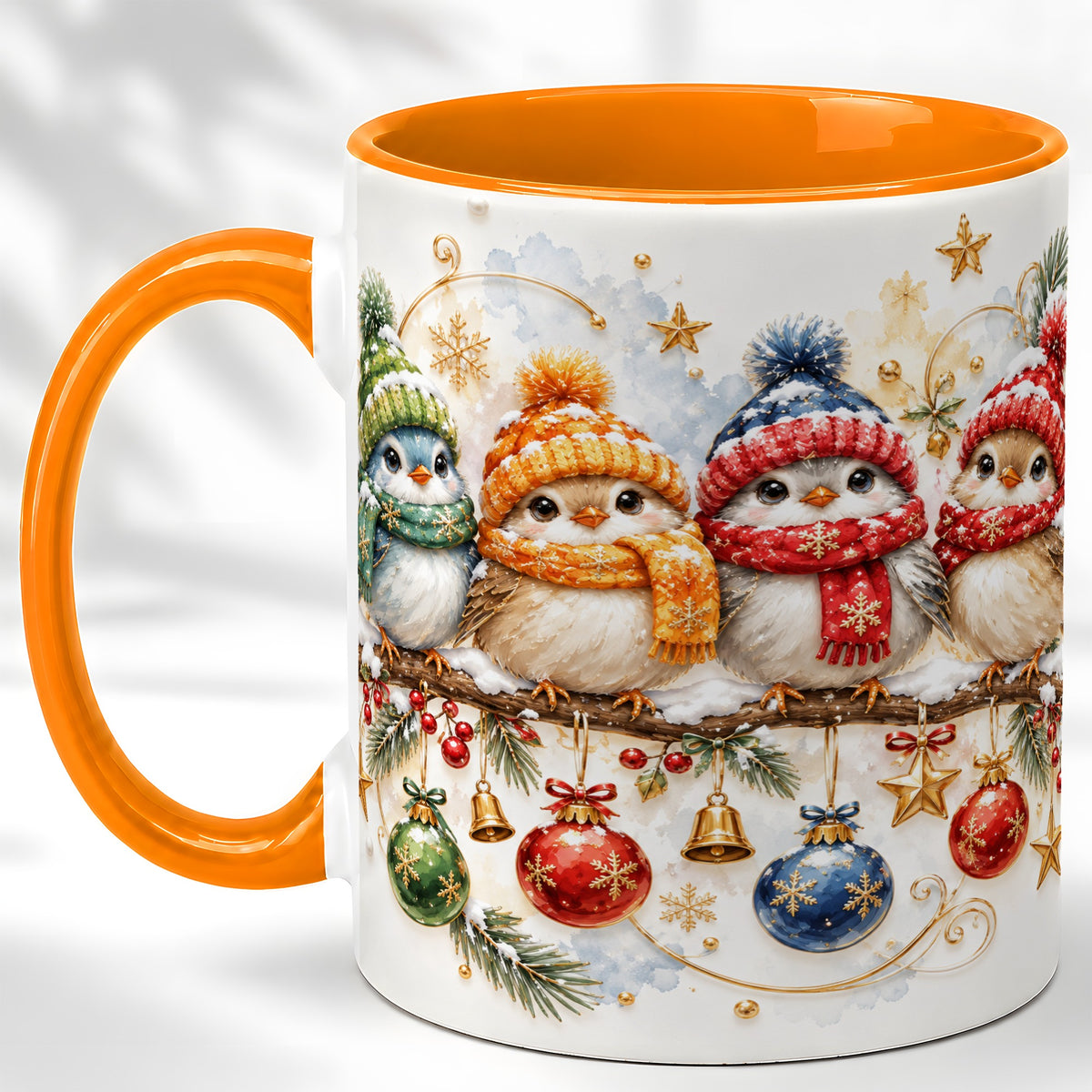#pl[11oz|Orange] Winter Bird Coffee Mug, Cozy Songbird Mug, Ceramic Cup
