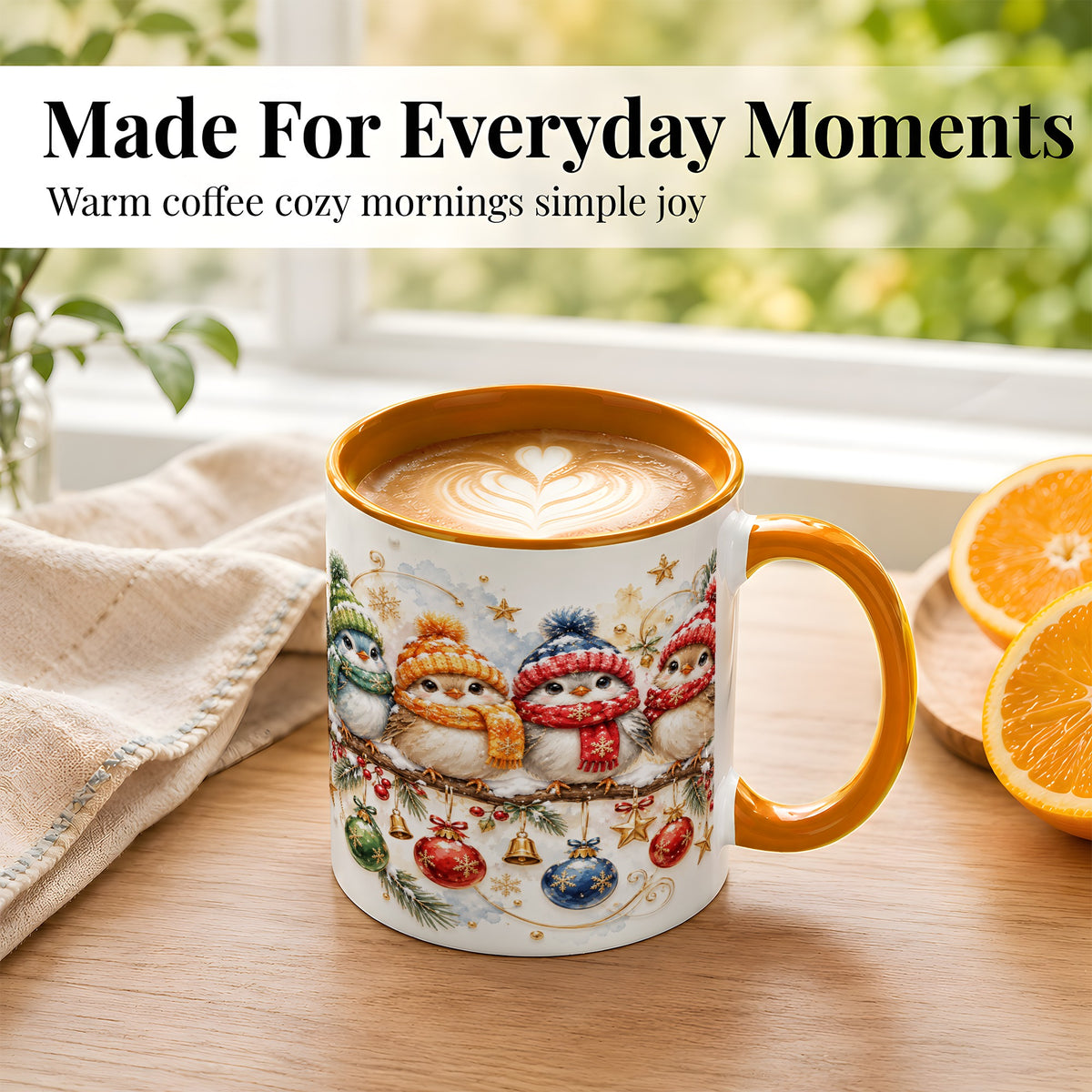 #pl[11oz|Orange] Winter Bird Coffee Mug, Cozy Songbird Mug, Ceramic Cup