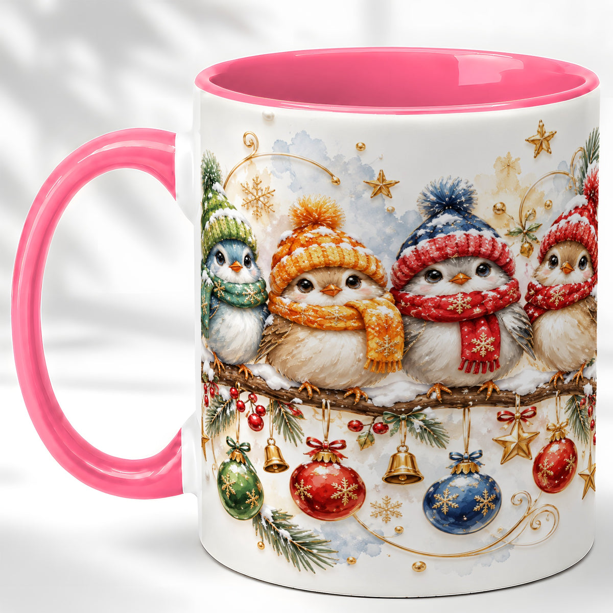 #pl[11oz|Pink] Winter Bird Coffee Mug, Cozy Songbird Mug, Ceramic Cup