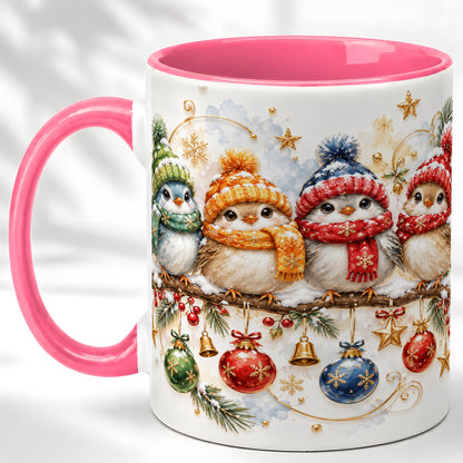 #pl[11oz|Pink] Winter Bird Coffee Mug, Cozy Songbird Mug, Ceramic Cup