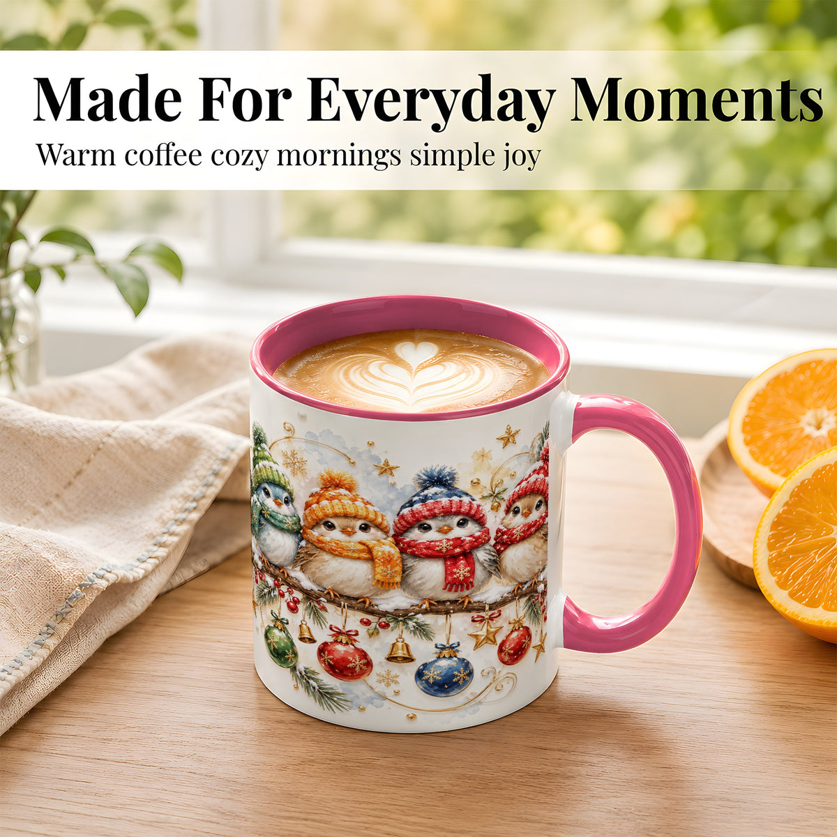 #pl[11oz|Pink] Winter Bird Coffee Mug, Cozy Songbird Mug, Ceramic Cup