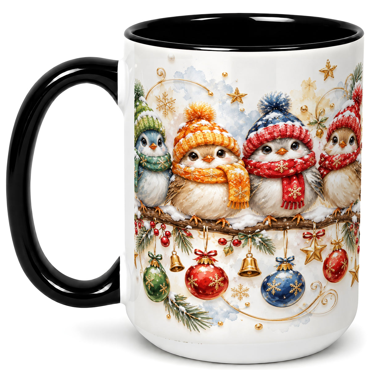 #pl[15oz|Black] Winter Bird Coffee Mug, Cozy Songbird Mug, Ceramic Cup