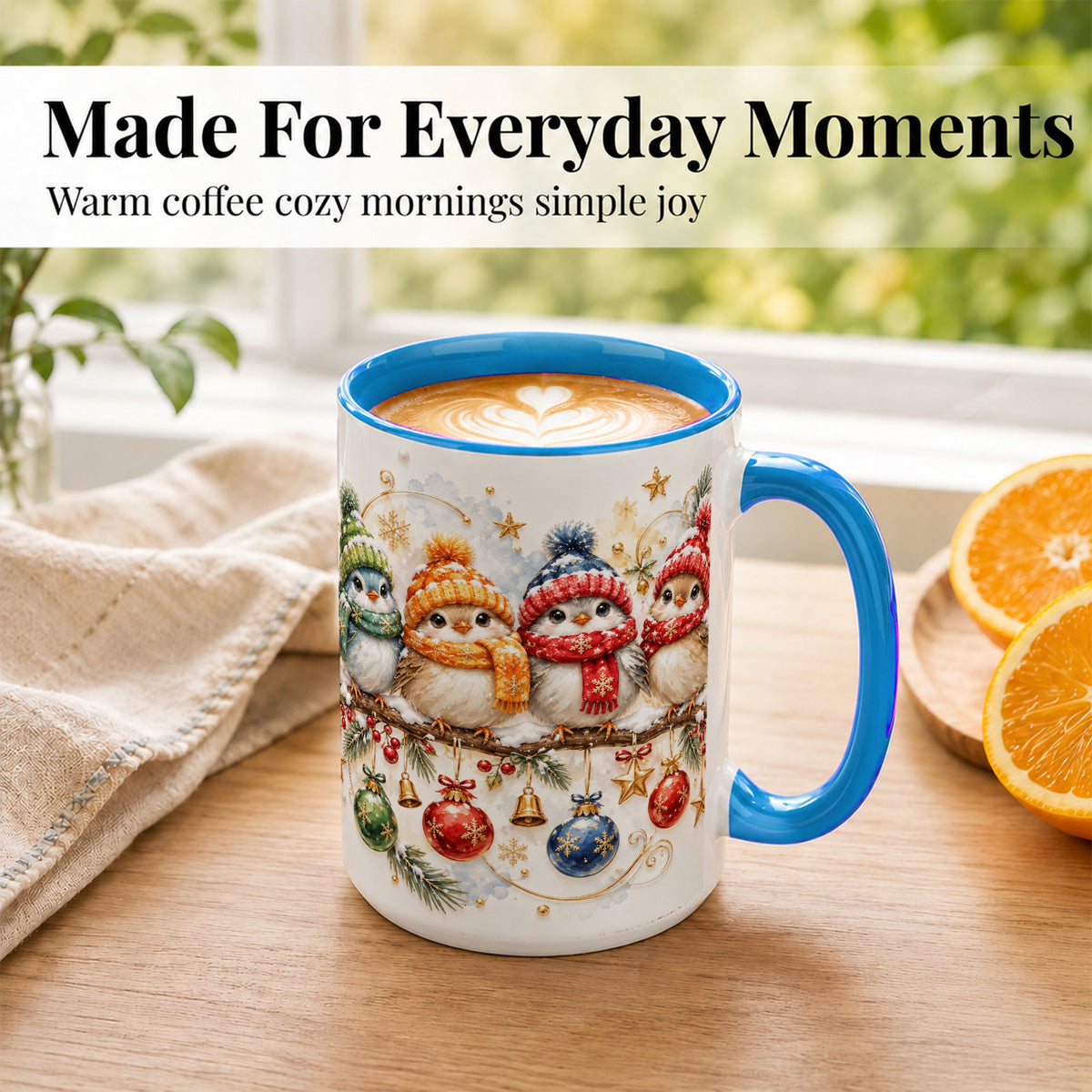 #pl[15oz|Blue] Winter Bird Coffee Mug, Cozy Songbird Mug, Ceramic Cup