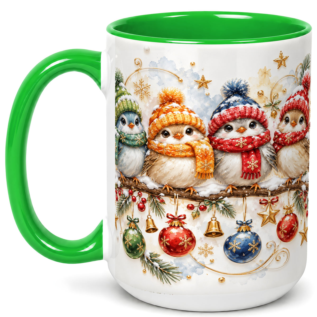 #pl[15oz|Green] Winter Bird Coffee Mug, Cozy Songbird Mug, Ceramic Cup