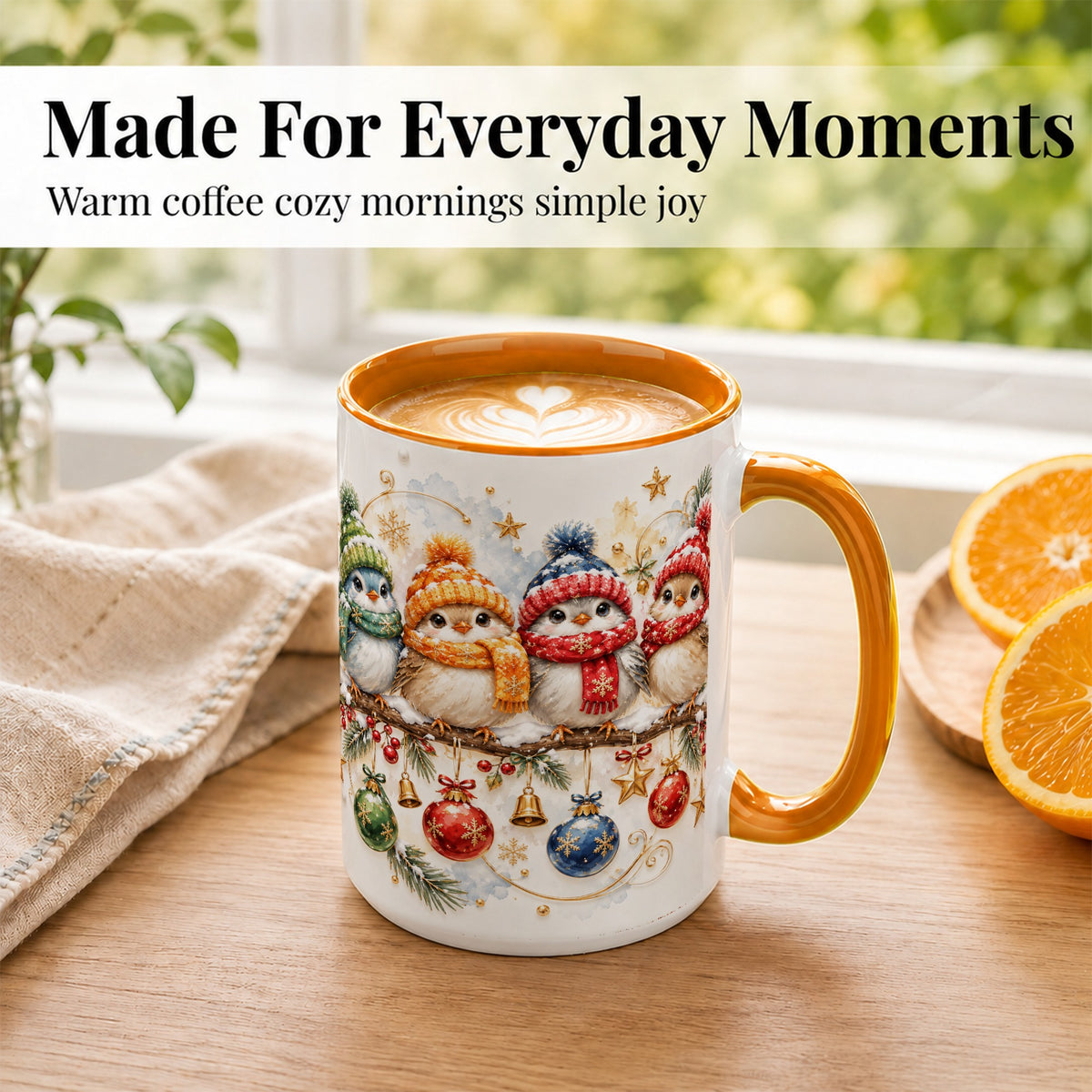#pl[15oz|Orange] Winter Bird Coffee Mug, Cozy Songbird Mug, Ceramic Cup