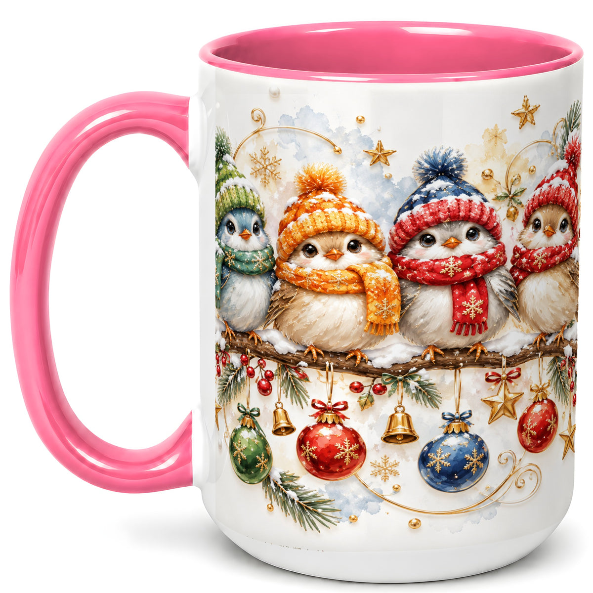 #pl[15oz|Pink] Winter Bird Coffee Mug, Cozy Songbird Mug, Ceramic Cup