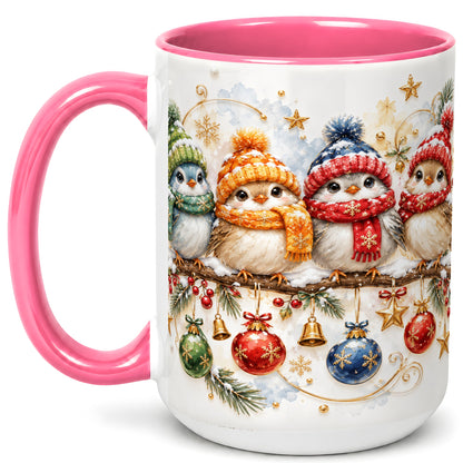 #pl[15oz|Pink] Winter Bird Coffee Mug, Cozy Songbird Mug, Ceramic Cup