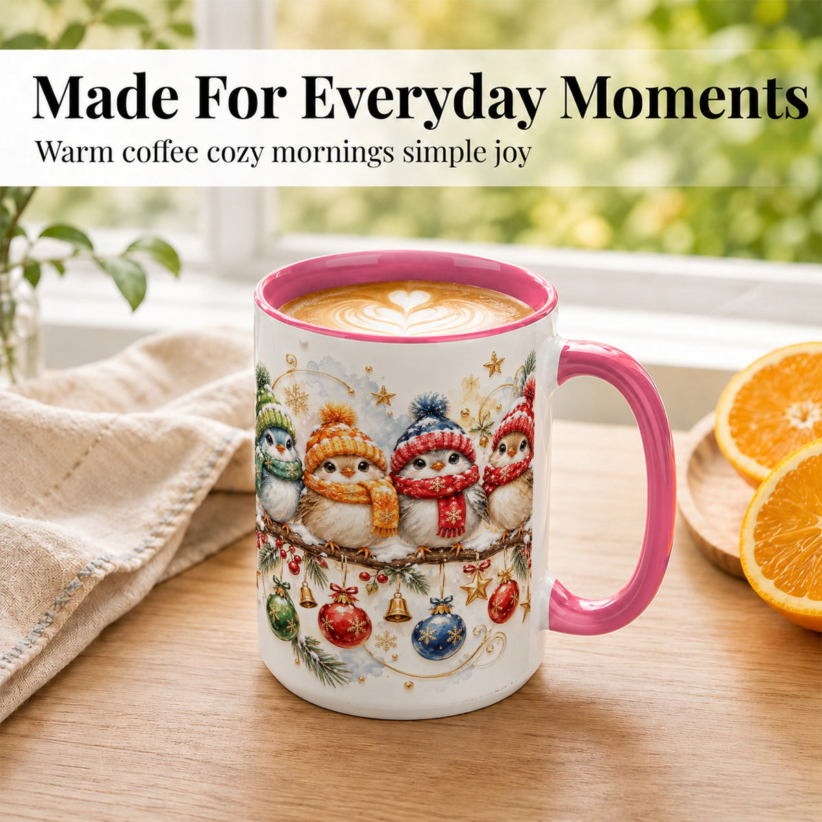 #pl[15oz|Pink] Winter Bird Coffee Mug, Cozy Songbird Mug, Ceramic Cup